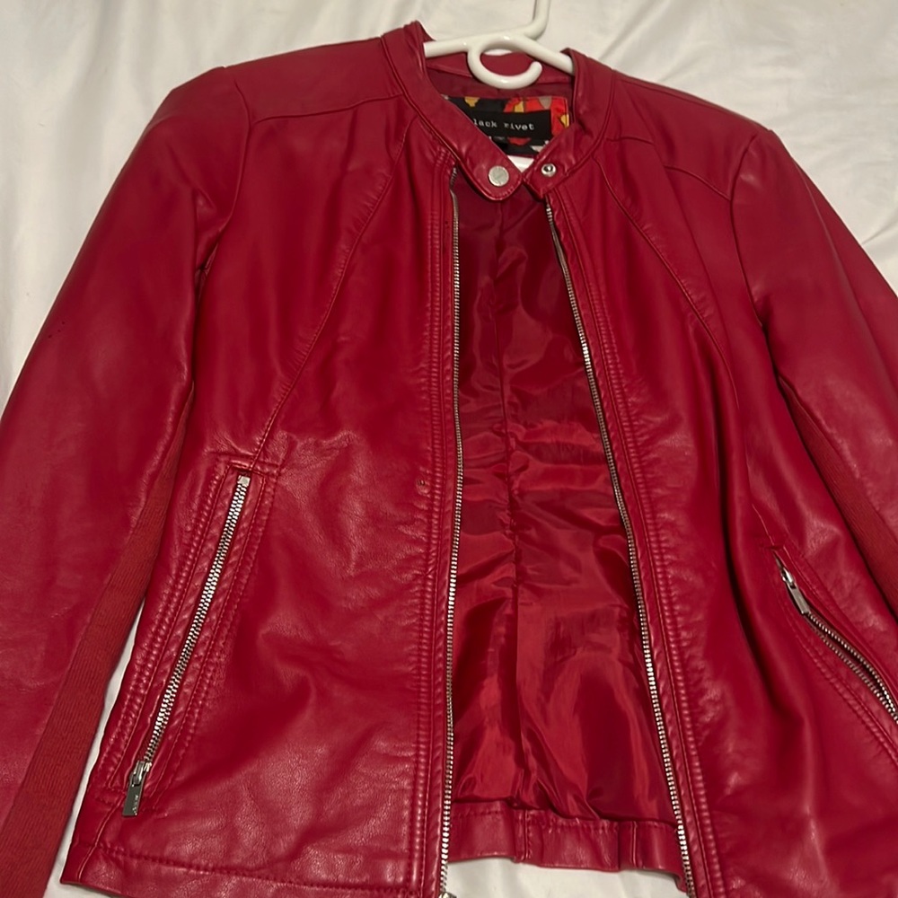 Black rivet red faux leather jacket